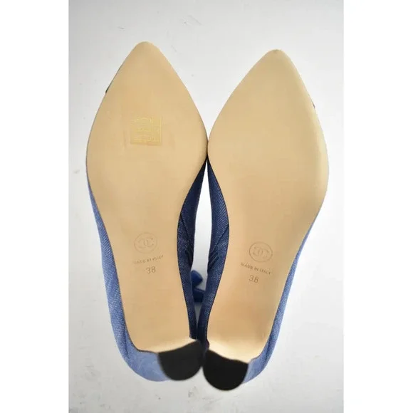 Chanel 20C Blue Denim Fabric Black Chain CC Logo Short Ankle Heel Boot Bootie 38 - Picture 12 of 12